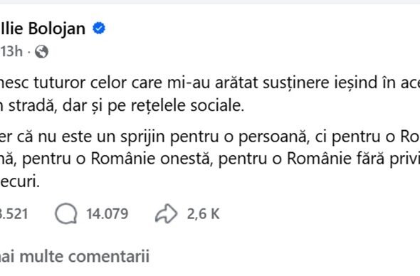 Facebook post by Ilie Bolojan praising supporters, mentioning support on the street and on social networks; reaction and comment counts visible.