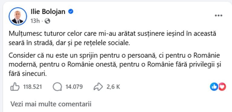 Facebook post by Ilie Bolojan praising supporters, mentioning support on the street and on social networks; reaction and comment counts visible.