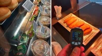 Split image: a deli counter with sandwiches and bowls on the left, and fried croquettes on a tray with a handheld digital thermometer showing readings on the right.