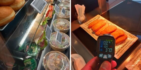 Split image: a deli counter with sandwiches and bowls on the left, and fried croquettes on a tray with a handheld digital thermometer showing readings on the right.