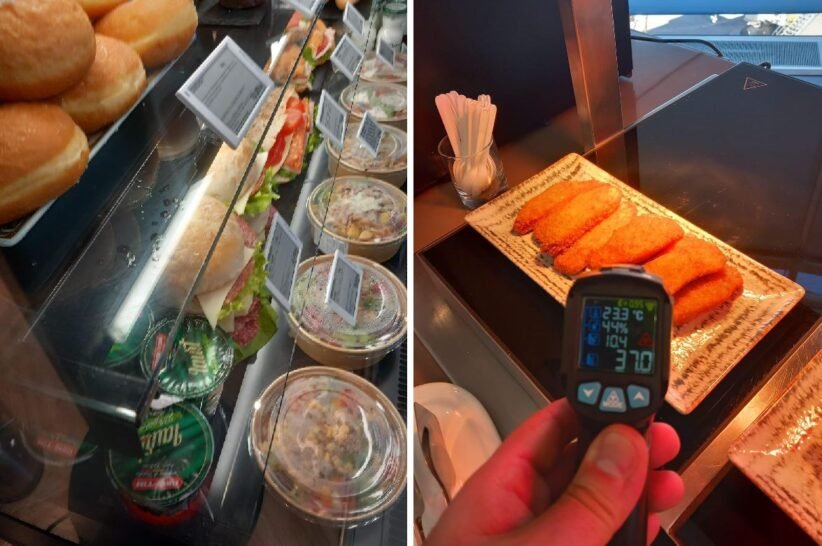 Split image: a deli counter with sandwiches and bowls on the left, and fried croquettes on a tray with a handheld digital thermometer showing readings on the right.