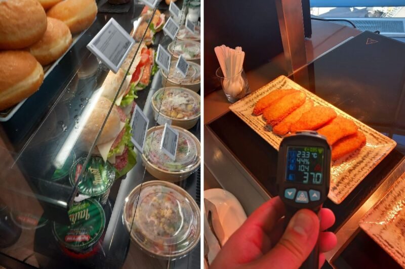 Split image: a deli counter with sandwiches and bowls on the left, and fried croquettes on a tray with a handheld digital thermometer showing readings on the right.