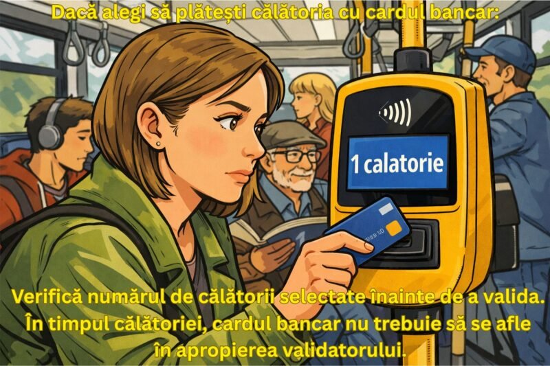 Instrucțiuni pentru plata cu cardul la validator: verifică numărul de călătorii înainte de validare.