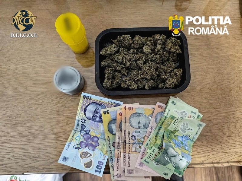 Cannabis buds in a black tray on a wooden table with a yellow cap and a small jar nearby; police logos in the corner.