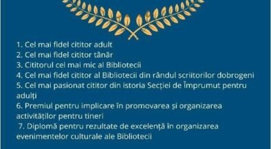 Poster advertising Gala de Excelență pentru cititori și bibliotecari, Ziua Bibliotecarului din România, 23 aprilie 2026 ora 14:00, Constanța, open book at bottom as motif.