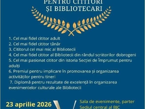 Poster advertising Gala de Excelență pentru cititori și bibliotecari, Ziua Bibliotecarului din România, 23 aprilie 2026 ora 14:00, Constanța, open book at bottom as motif.