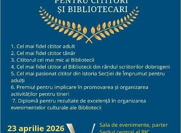 Poster advertising Gala de Excelență pentru cititori și bibliotecari, Ziua Bibliotecarului din România, 23 aprilie 2026 ora 14:00, Constanța, open book at bottom as motif.