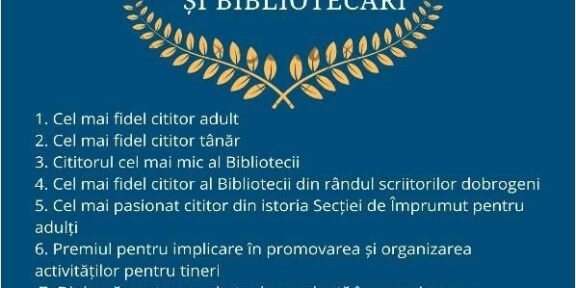 Poster advertising Gala de Excelență pentru cititori și bibliotecari, Ziua Bibliotecarului din România, 23 aprilie 2026 ora 14:00, Constanța, open book at bottom as motif.