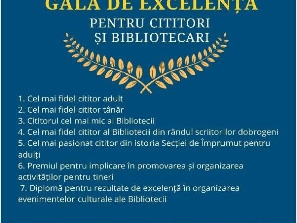 Poster advertising Gala de Excelență pentru cititori și bibliotecari, Ziua Bibliotecarului din România, 23 aprilie 2026 ora 14:00, Constanța, open book at bottom as motif.