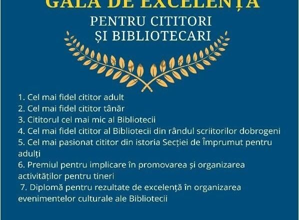 Poster advertising Gala de Excelență pentru cititori și bibliotecari, Ziua Bibliotecarului din România, 23 aprilie 2026 ora 14:00, Constanța, open book at bottom as motif.