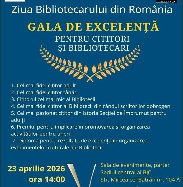 Poster advertising Gala de Excelență pentru cititori și bibliotecari, Ziua Bibliotecarului din România, 23 aprilie 2026 ora 14:00, Constanța, open book at bottom as motif.