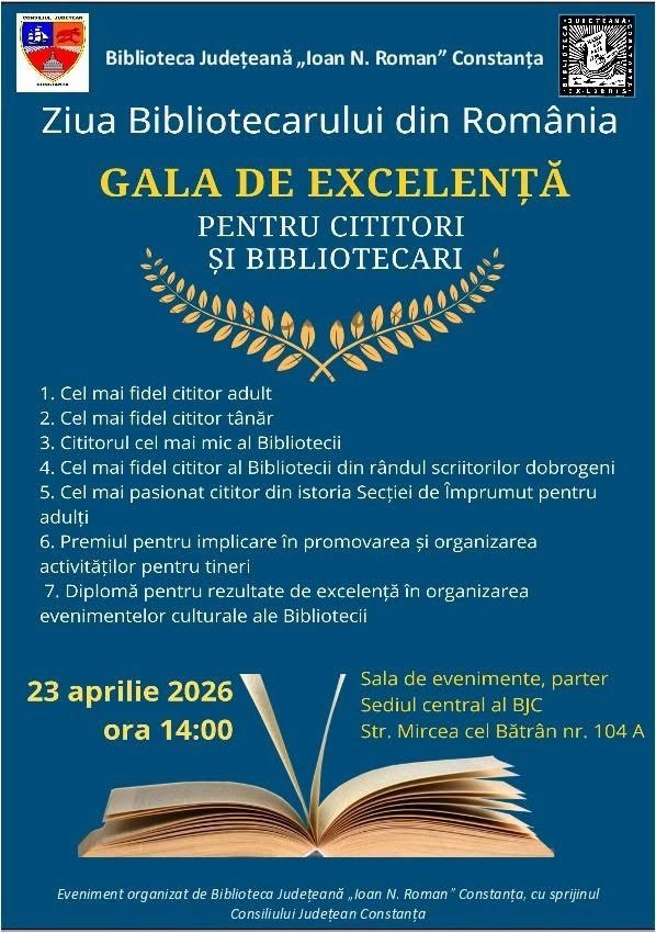 Poster advertising Gala de Excelență pentru cititori și bibliotecari, Ziua Bibliotecarului din România, 23 aprilie 2026 ora 14:00, Constanța, open book at bottom as motif.