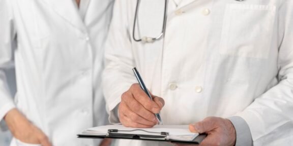 Two doctors in white coats; one writes on a clipboard while the other stands beside, stethoscope around the neck.