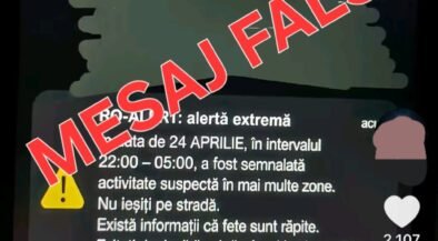 Screenshot of a social video showing a warning message about a false alarm on 24 April; large red text "MEGAJ FALS!" overlay covers the content.