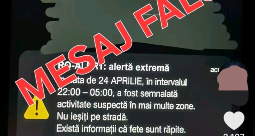 Screenshot of a social video showing a warning message about a false alarm on 24 April; large red text "MEGAJ FALS!" overlay covers the content.