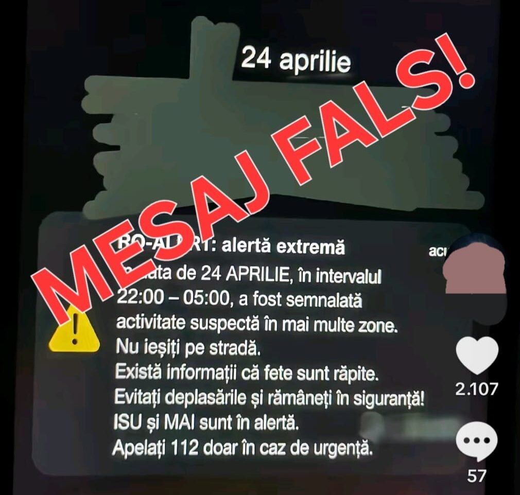 Screenshot of a social video showing a warning message about a false alarm on 24 April; large red text "MEGAJ FALS!" overlay covers the content.