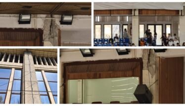 Collage of a damaged building: cracked pillar and wall, exposed beams, interior hall with blue seats and audience, and cracked exterior facade.