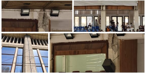 Collage of a damaged building: cracked pillar and wall, exposed beams, interior hall with blue seats and audience, and cracked exterior facade.