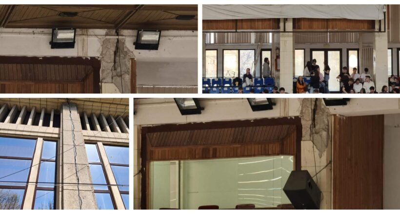 Collage of a damaged building: cracked pillar and wall, exposed beams, interior hall with blue seats and audience, and cracked exterior facade.