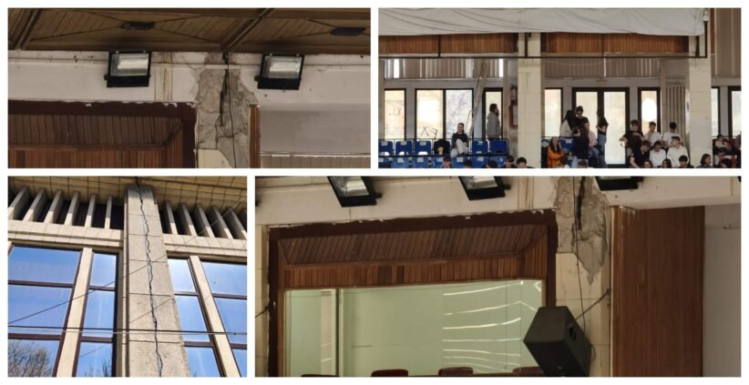 Collage of a damaged building: cracked pillar and wall, exposed beams, interior hall with blue seats and audience, and cracked exterior facade.