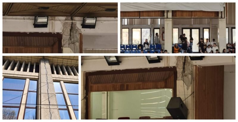Collage of a damaged building: cracked pillar and wall, exposed beams, interior hall with blue seats and audience, and cracked exterior facade.