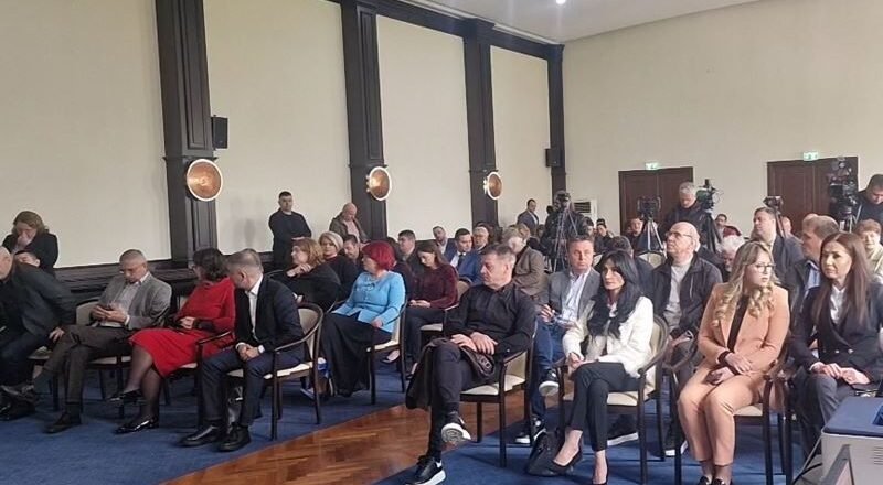 Audience seated in rows in a formal conference room during a presentation/meeting session.