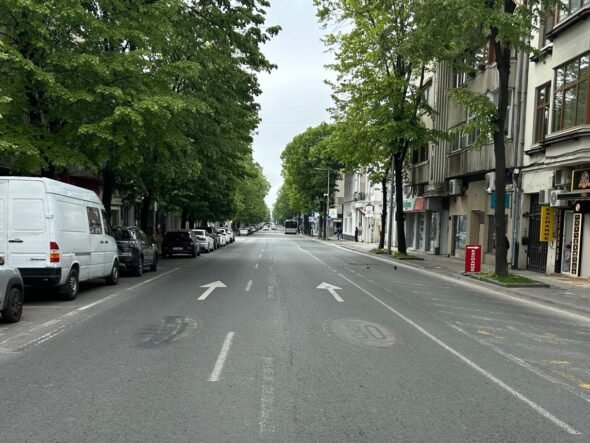 Urban street view with parked cars on both sides, green trees, and a shopfront on the right sidewalk aisle ahead in the distance traffic arrows on the road calm and overcast sky behind trees and buildings.