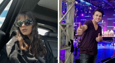 Split image: left side shows a woman wearing oversized sunglasses in a car; right side shows a man backstage giving a thumbs-up in a lit venue.