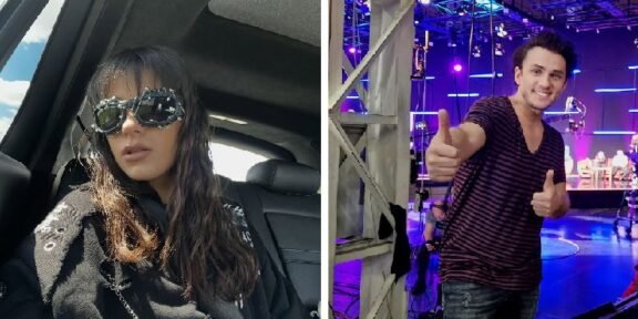 Split image: left side shows a woman wearing oversized sunglasses in a car; right side shows a man backstage giving a thumbs-up in a lit venue.