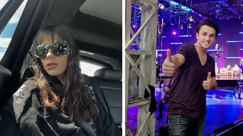 Split image: left side shows a woman wearing oversized sunglasses in a car; right side shows a man backstage giving a thumbs-up in a lit venue.