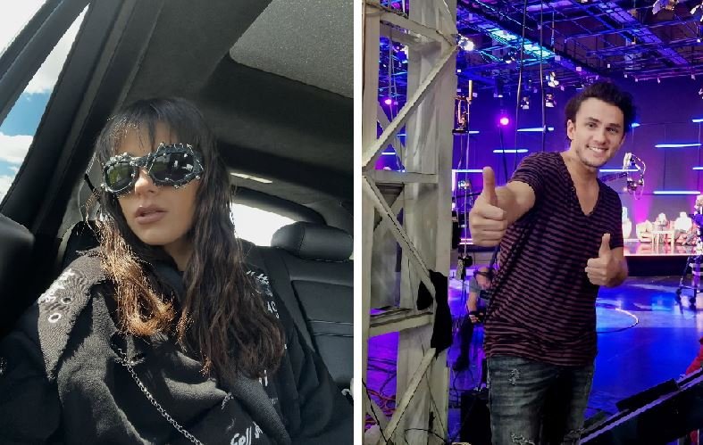 Split image: left side shows a woman wearing oversized sunglasses in a car; right side shows a man backstage giving a thumbs-up in a lit venue.