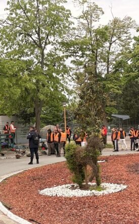 Group of workers in orange safety vests gathered around equipment in a park-like outdoor worksite with trees nearby.