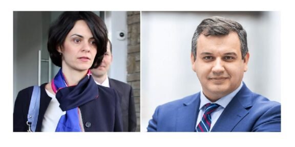 Two professionals, a woman on the left wearing a scarf and a man on the right in a blue suit, pictured side by side outdoors/entrance area.