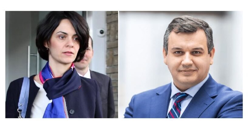 Two professionals, a woman on the left wearing a scarf and a man on the right in a blue suit, pictured side by side outdoors/entrance area.