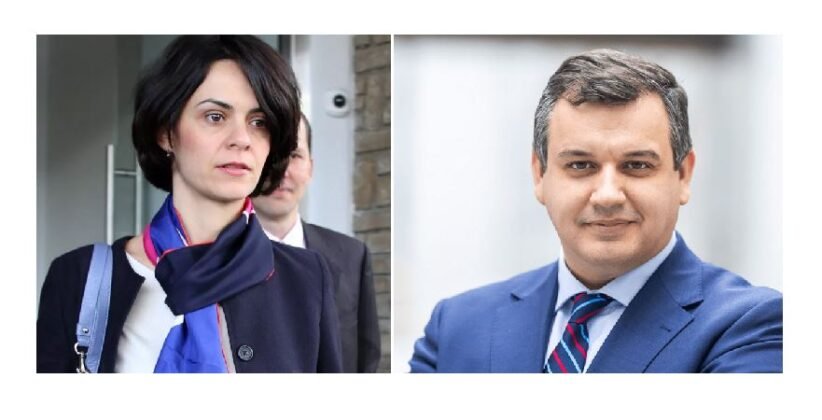 Two professionals, a woman on the left wearing a scarf and a man on the right in a blue suit, pictured side by side outdoors/entrance area.