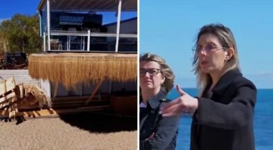 Split-screen: left a beachside bar with a thatched awning and wooden deck; right two women in business attire by the ocean, one gesturing as she speaks