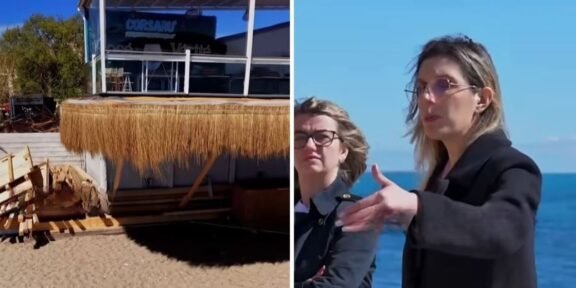 Split-screen: left a beachside bar with a thatched awning and wooden deck; right two women in business attire by the ocean, one gesturing as she speaks