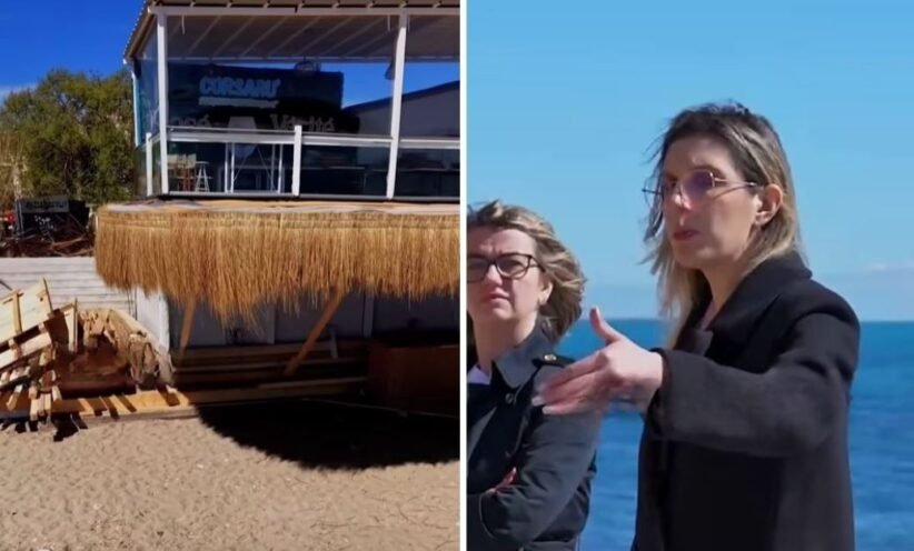 Split-screen: left a beachside bar with a thatched awning and wooden deck; right two women in business attire by the ocean, one gesturing as she speaks