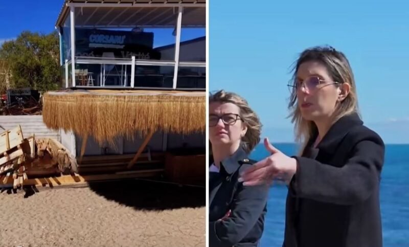 Split-screen: left a beachside bar with a thatched awning and wooden deck; right two women in business attire by the ocean, one gesturing as she speaks