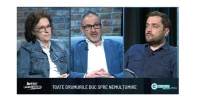 Three guests sit as a TV talk-show panel against a brick wall; the lower banner reads 'TOATE DRUMURILE DUC SPRE NEMULȚUMIRE'.