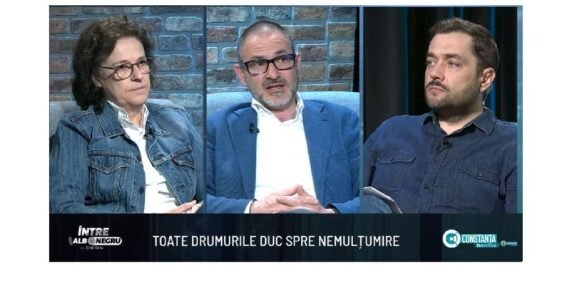 Three guests sit as a TV talk-show panel against a brick wall; the lower banner reads 'TOATE DRUMURILE DUC SPRE NEMULȚUMIRE'.