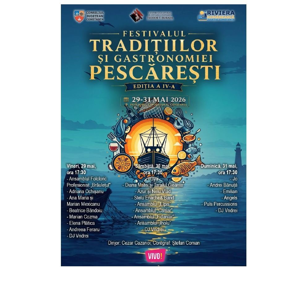 Poster pentru Festivalul Tradițiilor și Gastronomiei Pescărești, ediția a IV-a, 29–31 mai 2026, cu programul pe zile.