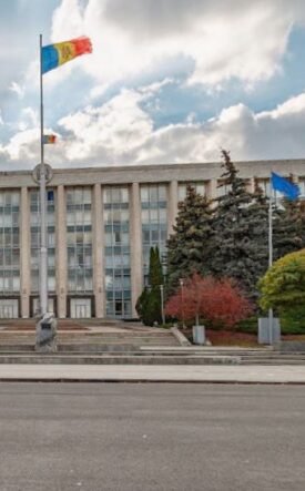 Front of a large government building with steps, flagpoles, and manicured trees in front of it in an urban plaza.