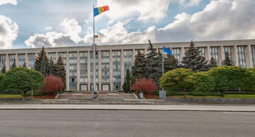 Front of a large government building with steps, flagpoles, and manicured trees in front of it in an urban plaza.