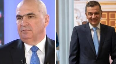 Split image of two men in business suits: left, a serious bald man in a dark suit with a blue dotted tie; right, a smiling man in a navy suit with a light blue tie.