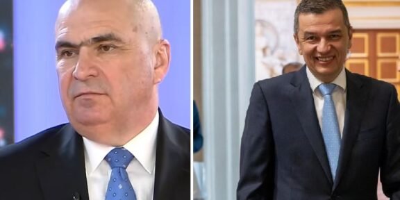 Split image of two men in business suits: left, a serious bald man in a dark suit with a blue dotted tie; right, a smiling man in a navy suit with a light blue tie.