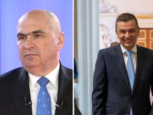 Split image of two men in business suits: left, a serious bald man in a dark suit with a blue dotted tie; right, a smiling man in a navy suit with a light blue tie.