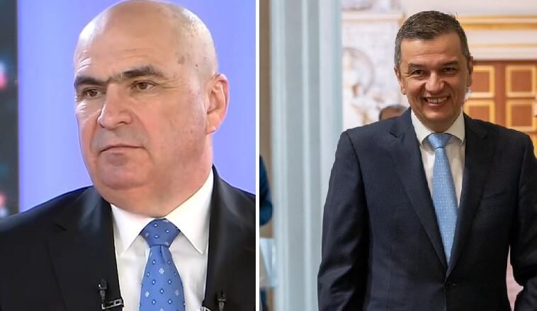Split image of two men in business suits: left, a serious bald man in a dark suit with a blue dotted tie; right, a smiling man in a navy suit with a light blue tie.