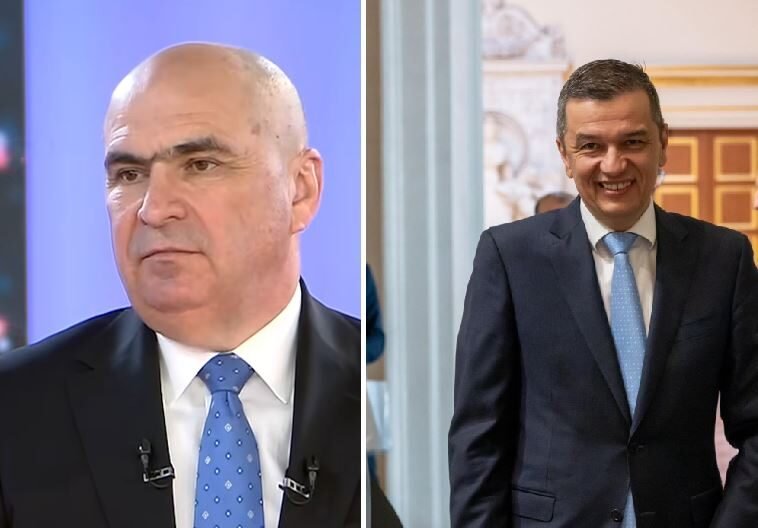 Split image of two men in business suits: left, a serious bald man in a dark suit with a blue dotted tie; right, a smiling man in a navy suit with a light blue tie.