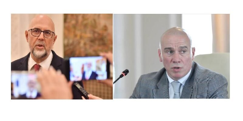 Two men shown in a split image: left, a bearded man with glasses speaking to a crowd; right, a bald man in a gray suit at a microphone.